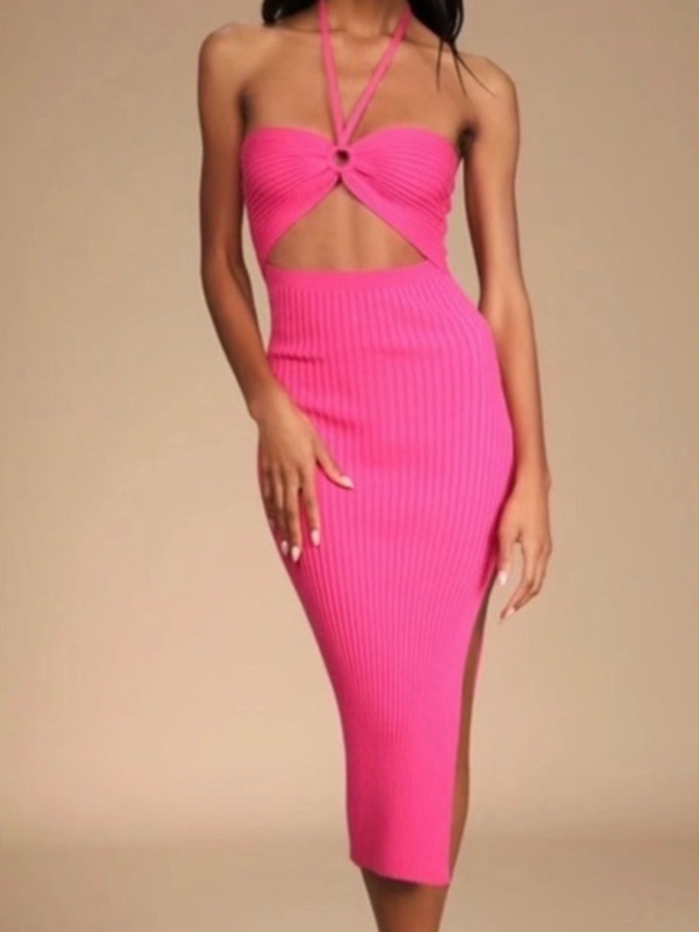 Lulu's Hot Pink Ribbed Cutout Midi Dress